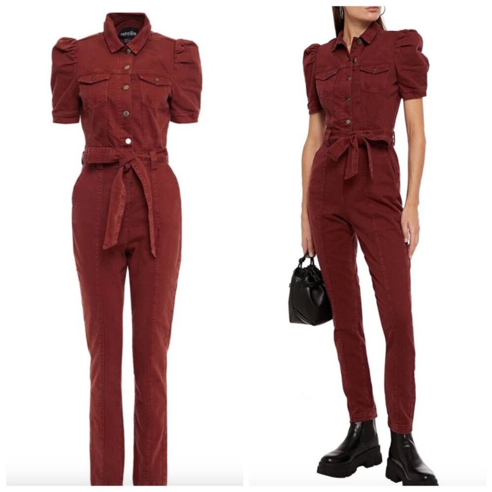 Retrofete Rust Red Puff-Sleeve Denim Jumpsuit